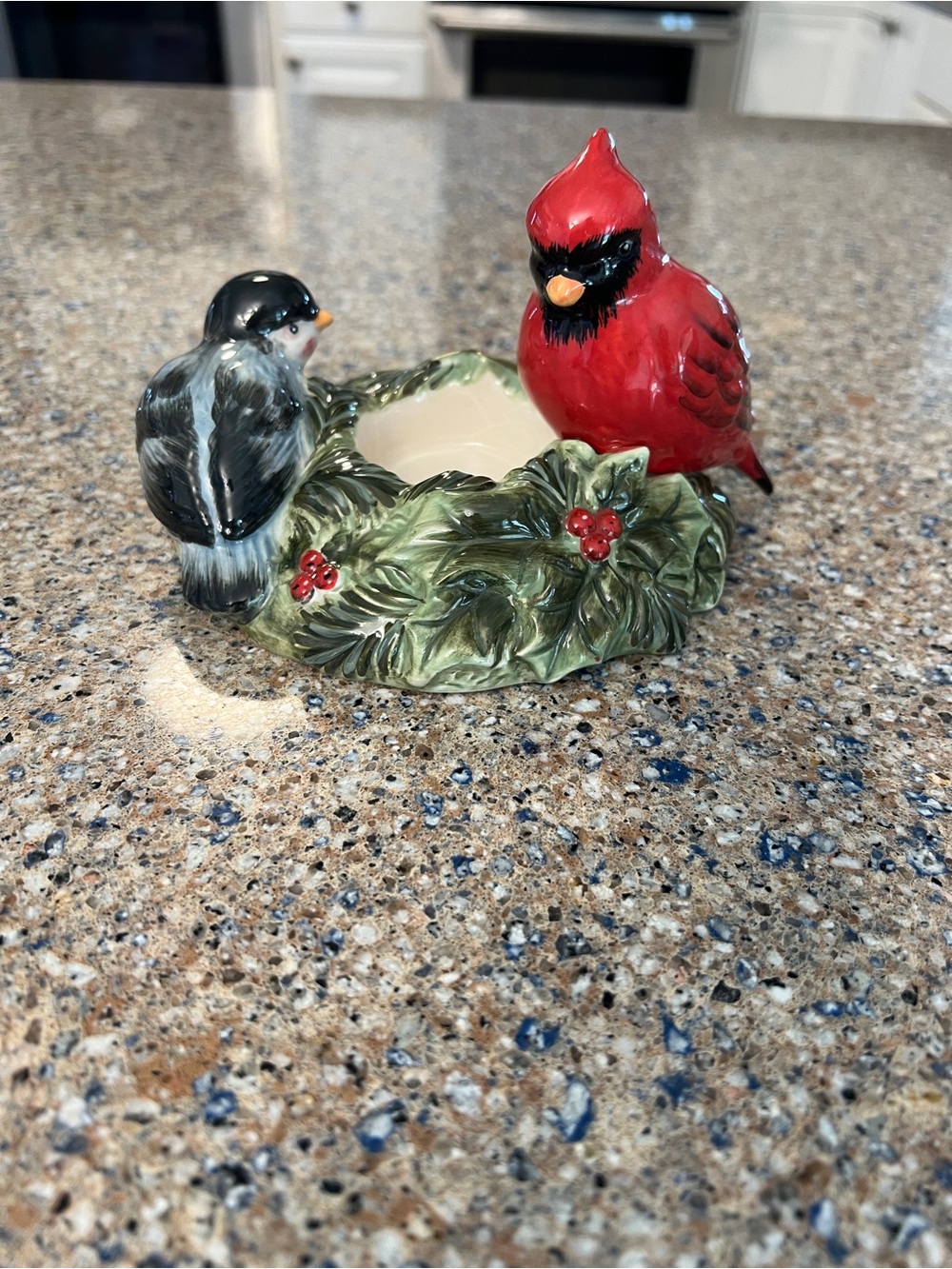 Susan Winget Cardinal & Chickadee Christmas candle tea light holder Winter song